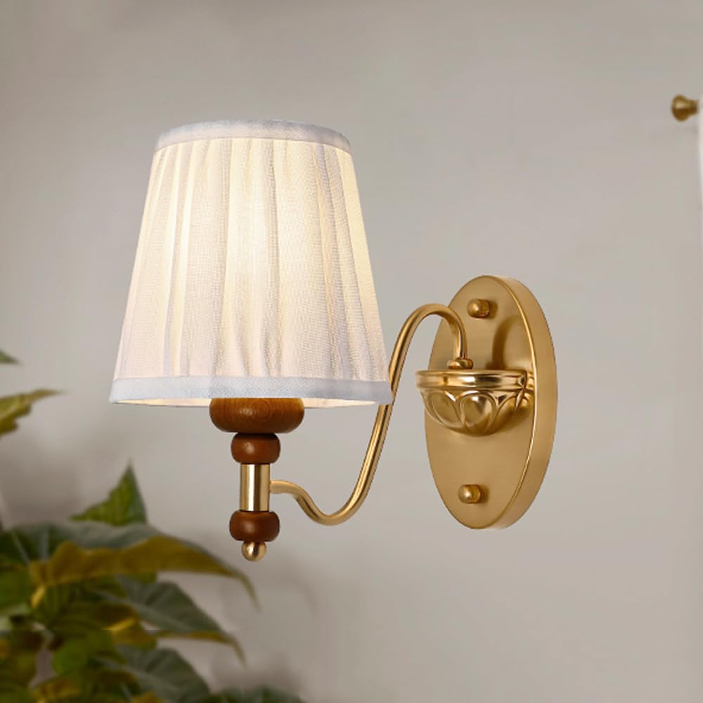 SXECAEPS Wall Sconces Gold Mid Century Modern Sconce with White Fabric Shade Wood Farmhouse Fixture Hardwired Nordic Green Lamp for Bedroom Living Room Bedside