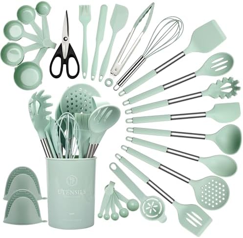 QMVESS Silicone Cooking Utensils Set, 28 Pcs Non-Stick Kitchen Utensils Set with Holder, 446°F Heat Resistant Spatula, Tongs, Spoons Set with Stainless Steel Handle Kitchen Gadgets (Light Green)