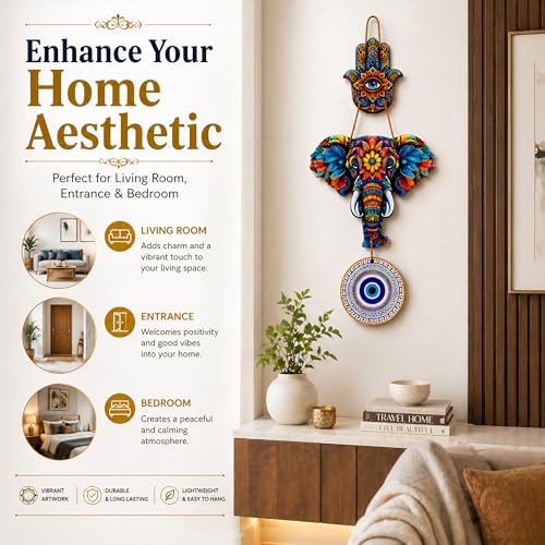Image of Evil Eye Wall Hanging for Home Entrance Door | Nazar Battu Vastu Decor | Hamsa Hand Elephant Wall Decor | MDF Mandala Art Hanging | Good Luck Gift for Diwali Housewarming Bedroom Office