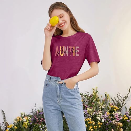 Image of Auntie Women Warm Lovely Love Print Blessing Holiday Summer Ladies Women Casual Short Sleeve T-Shirt.