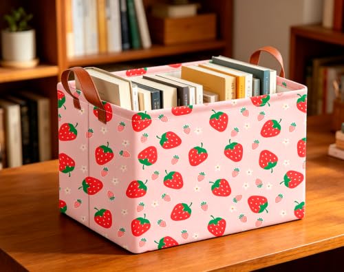 Image of CLOCOR Rectangular Storage Basket,Collapsible Storage Bin,Waterproof Books Box (Strawberry)