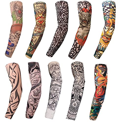 Tatoo Sleeves Men, Women, and Kids – Fake Temporary Tattoo Sleeve for Outdoor Sports, Halloween Decor 10pcs Multi Color Sleeves