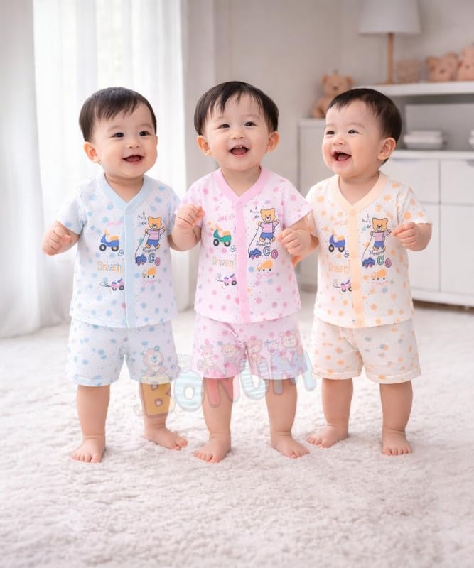 Image of BONUM Baby's Boy's Girl's 100% Cotton Button Shirt with Pyjama Pant Set of 3 New Born Baby Clothes