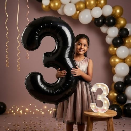 Image of Balloonistics Black 40-Inch Foil Number 3 Balloon with Matching LED Marquee Light - Combo Set for 3rd Birthday, Anniversary, Party Decoration, Photo Booth Backdrop