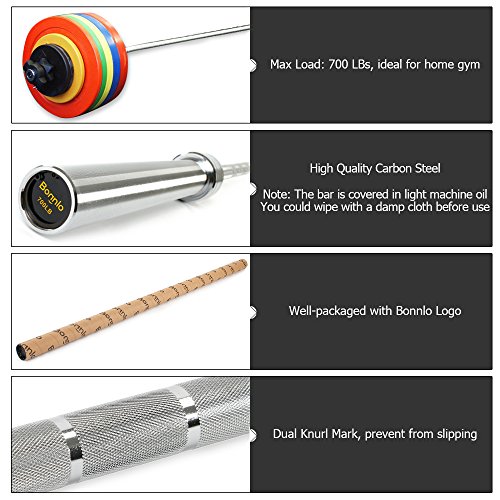 Bonnlo Barbell Olympic Bar, 7 Feet Olympic Weightlifting Bar 28mm Grip 700 lbs Capacity Bar Bench Press Chrome with Rotating Sleeve (7 Feet)