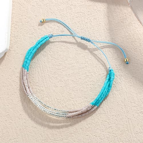 Image of KELITCH Shell Beaded Bracelets Multi Strands Bracelets Adjustable Bohemian Style Charm Bangles (Blue White 1F)