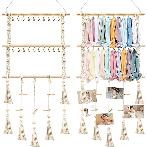 Image of Dexspoeny Headband Holder Hair Bows Organizer for Girls,Baby Headbands Hair Accessories Organizer with 20 Pcs Iron Hooks 15 Pcs Wooden Clips Boho Nursery Decor for Toddler Girls Room Wall Decor