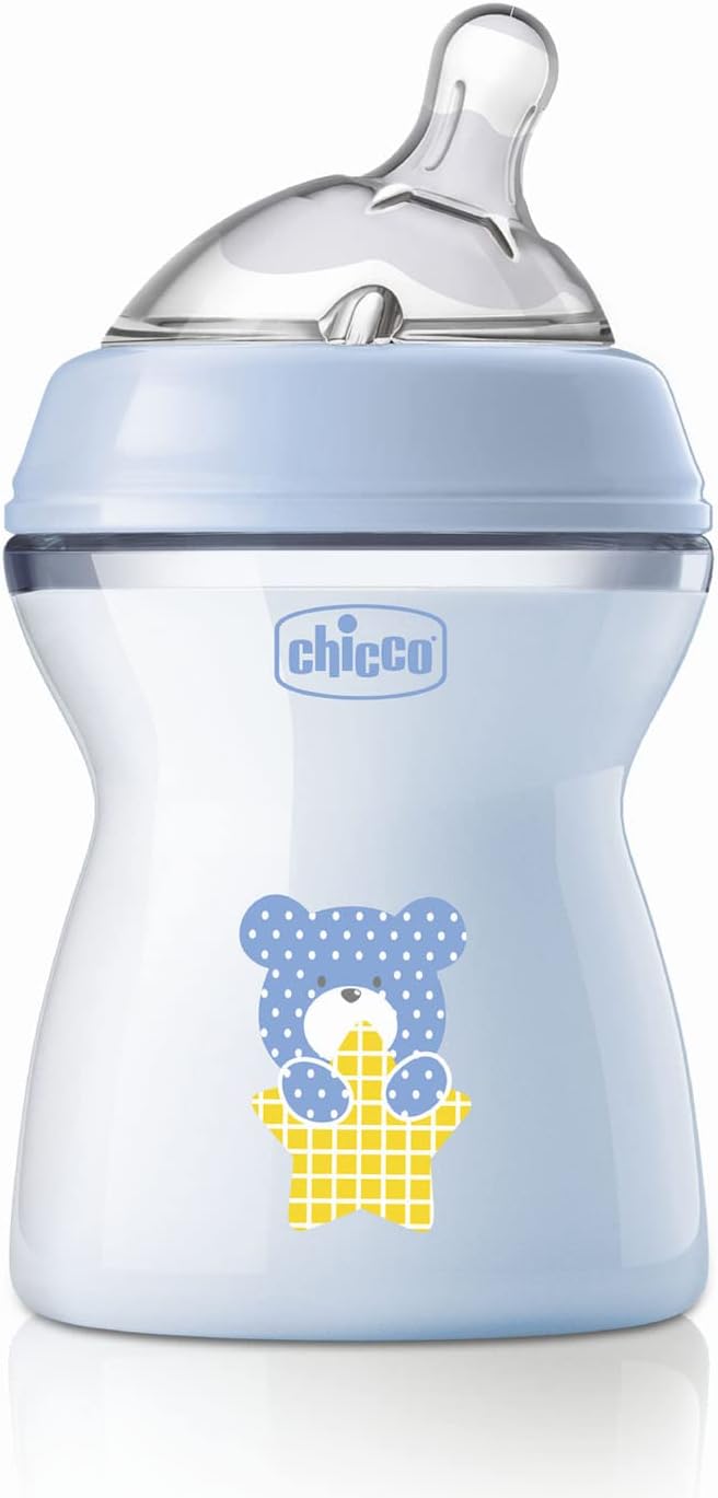 Chicco Natural Feeling 250ml Baby Milk Feeding Bottle with Wide Neck, Anti-Colic for Easy Milk Flow, for Babies & Toddlers 2m+ (Blue)