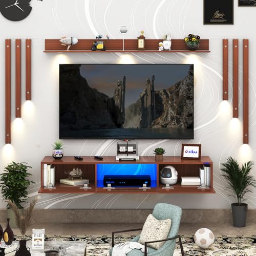 Image of Anikaa LucenNote Engineered Wood Wall Mount TV Unit with Acrylic Blue LED Storage Box, Wooden Accent Spotlight Panels for Living Room, Fits Up to 50 Inch TV, Walnut DIY Installation