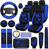 BBTO 43 Pcs Butterfly Car Seat Full Set Butterfly Car Accessories for Women 5 Front Rear Seat Covers Wrist Strap 2 Pcs Cup Mat Armrest Pad 2 Belt Cover Accessories for SUV(Blue, Black)