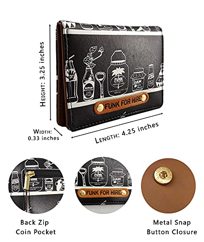 Image of Funk For Hire Black & White Printed Leatherette Card Holder Wallet for Men & Women, Compact Bifold Design with Coin Pocket, 6 Card Slots, Cash Compartment, Made in India