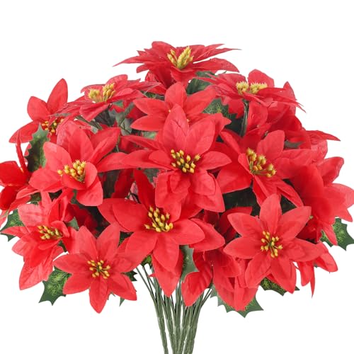 LIPJISL 6PCS Flor de Pascua Artificial Interior Exterior Flores de Pascua Rojas para Decoración...
