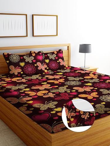 Image of DECORUM Glace Cotton Fitted 1 Bedsheet King Size (72 inchx78 inch) | All Around Elastic | Cotton Feel | 2 Pillow Covers (17 inchx27 inch) | Fits Up to 8 inch Mattress | 200-220 TC | Printed Double Bed Sheet Set