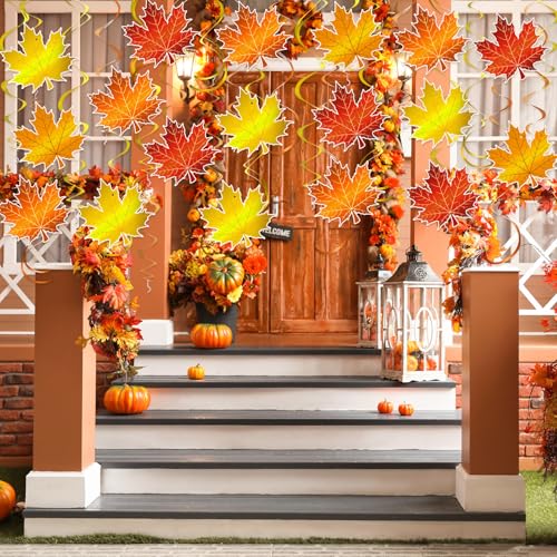 Image of 72 Pcs Fall Thanksgiving Hanging Decoration Maple Leaves Swirl Autumn Party Decoration Autumn Ceiling Decor Foil Orange Leaves Streamers for Home Office Classroom Harvest Party Supplies