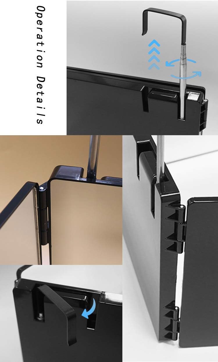 Chamber Trifold Hair Cutting Mirror Self Styling Mirror with Adjustable Height Hook Telescopic Hook Makeup Mirror Household Portable Hanging Three-Sided Folding,Black,MM2012