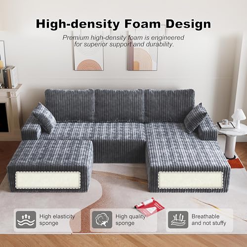 Image of Modular Sectional Sofa Couches L-Shape Couch 3 Seat Modular Sofa Memory Foam Sectional Couches for Living Room (Gray, 108 inch+Right Chaise + Ottoman)