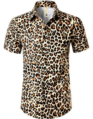 YAOKUBO Mens Stretchy Leopard Cheetah Print Short Sleeve Button Down Shirt | Casual Summer Beach Party Top
