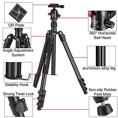 MACTREM Tripod DSLR SLR Tripod, 62.5" Light-Weight Aluminum Alloy Camera Tripod Phone Tripod with Phone Holder, 360 Degree Ball Head, Detachable Monopod, 34lbs Load with Carry Bag, Black - Thumbnail 2