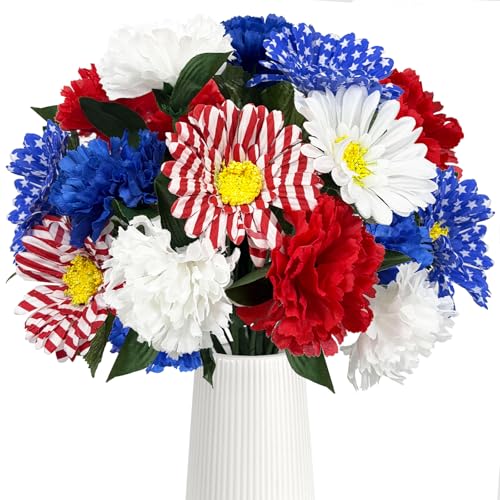 Image of 20 Stems Red White and Blue Flowers Artificial 13 inch Mixed Patriotic Dasiy Flower Silk Bouquet for Memorial 4th of July Independence Day Centerpiece Table Home Decor Cemetery Grave Decor(No Vase)