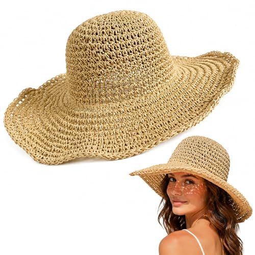 AMOturuxient Straw Hat Women, Sun Hats for Women UK, Wide Brim Beach Hat UV Protection Foldable Design for Summer Travel Outdoor Activities Khaki