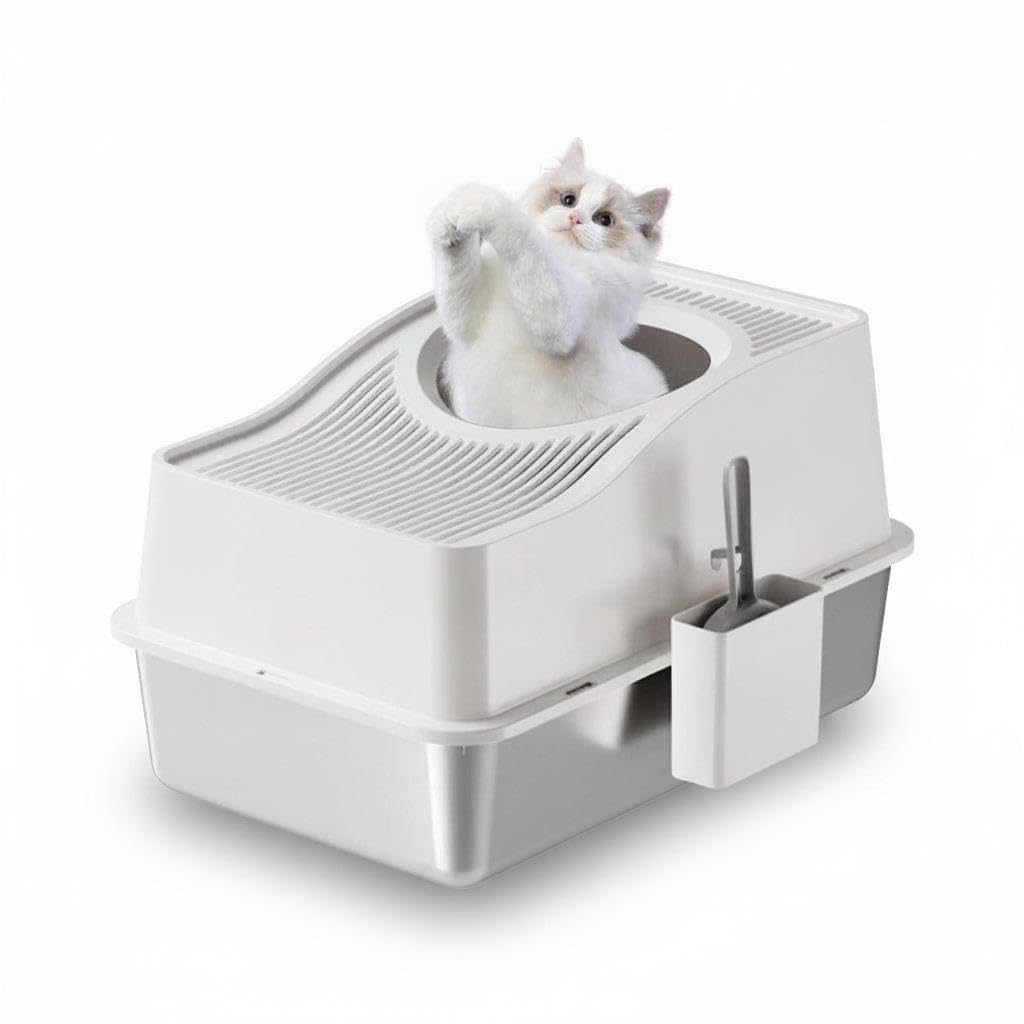 60x40x39.5cm Large Stainless Steel Cat Litter Tray with Lid, High Sided