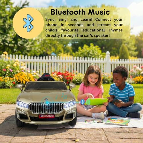 Image of MEKASHI Electric Ride-On Car for Kids 1-7 Years, 12V Battery, Remote Control, 5 Speed, LED Lights, Bluetooth, Metallic Gold