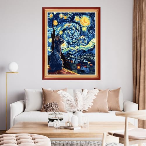 Image of Funchey Stamped Cross Stitch Kits, DIY Cross Stitch Pattern for Adults Beginners Needlepoint Kits Embroidery Kit Arts and Crafts 11CT&Cat admires Van Gogh's Starry Sky 16x20 inchs