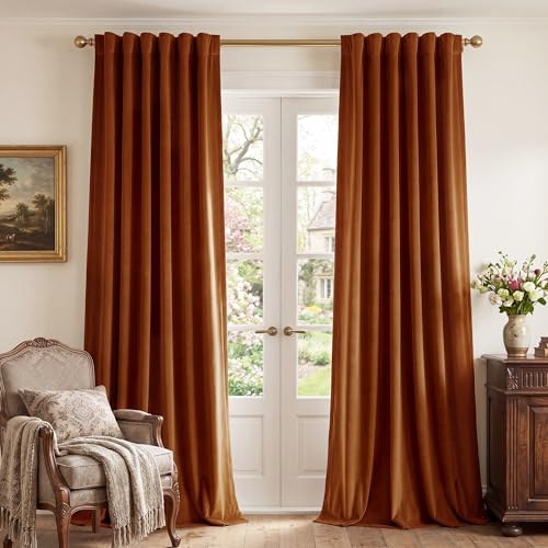 Image of Burnt Orange Velvet Curtains Back Tab Boho Drapes, W52xL96, 2 Pcs | Thermal Insulated, Window Back Tab Pinch Pleat Boho Vintage Drapes for Bedroom, Elegant Privacy, Home Decor for Sliding Door
