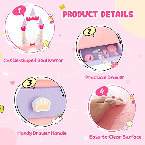 Costzon Kids Vanity Set, Girls Vanity Set With Mirror And Stool, Princess Makeup Dressing Table With Drawer, Growth Chart, Floating Shelves, Pretend Play Vanity Table And Chair Set For Toddlers, Pink #TOP3