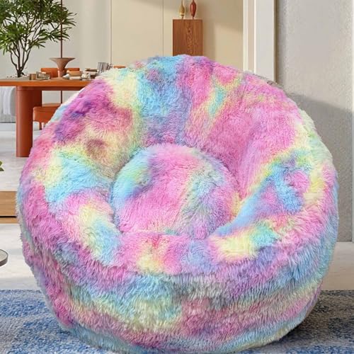 Image of Plush Faux Fur Bean Bag Chairs, Memory Foam Filled Sofa Chair Shape Bean Bag for Adults /Teens /Kids, Ultra-Soft Lazy Sofa for Living Room Bedroom College Dorm, Rainbow