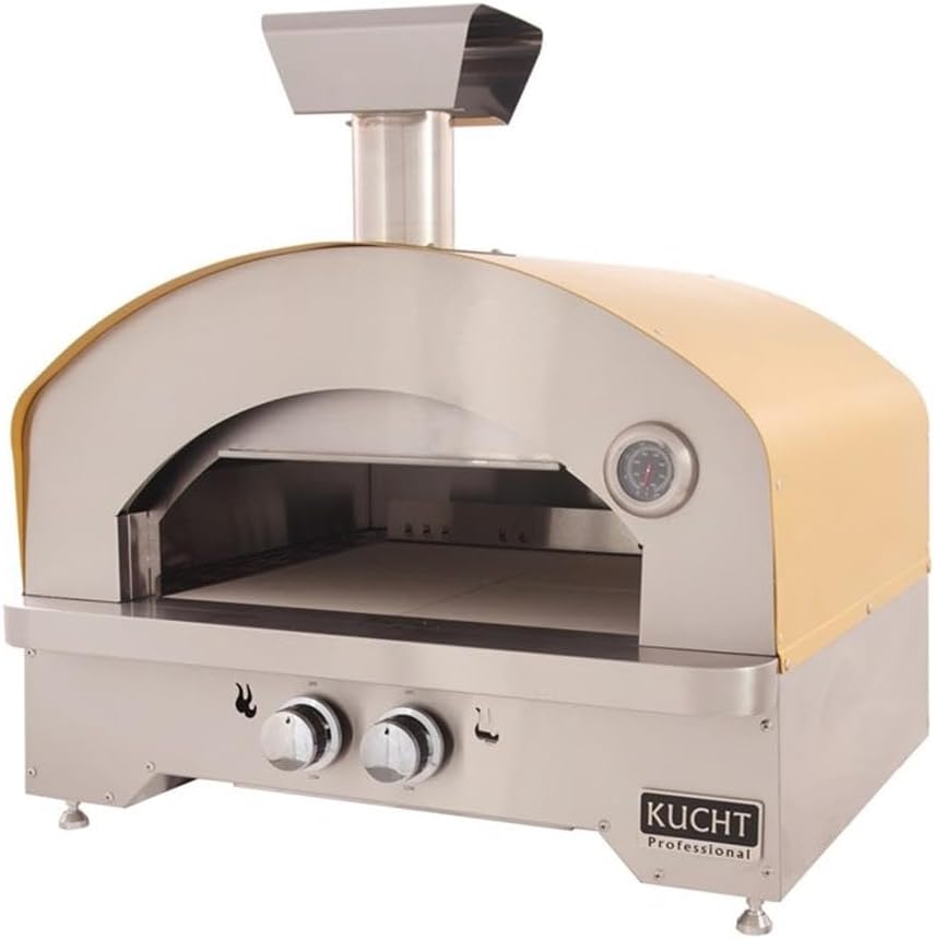 Pemberly Row Outdoor Portable Propane Gas Pizza Oven, Stainless Steel, Yellow Finish, Adjustable Legs, 800°F Max Temperature, Tabletop or Stand-Alone Outdoor Cooking