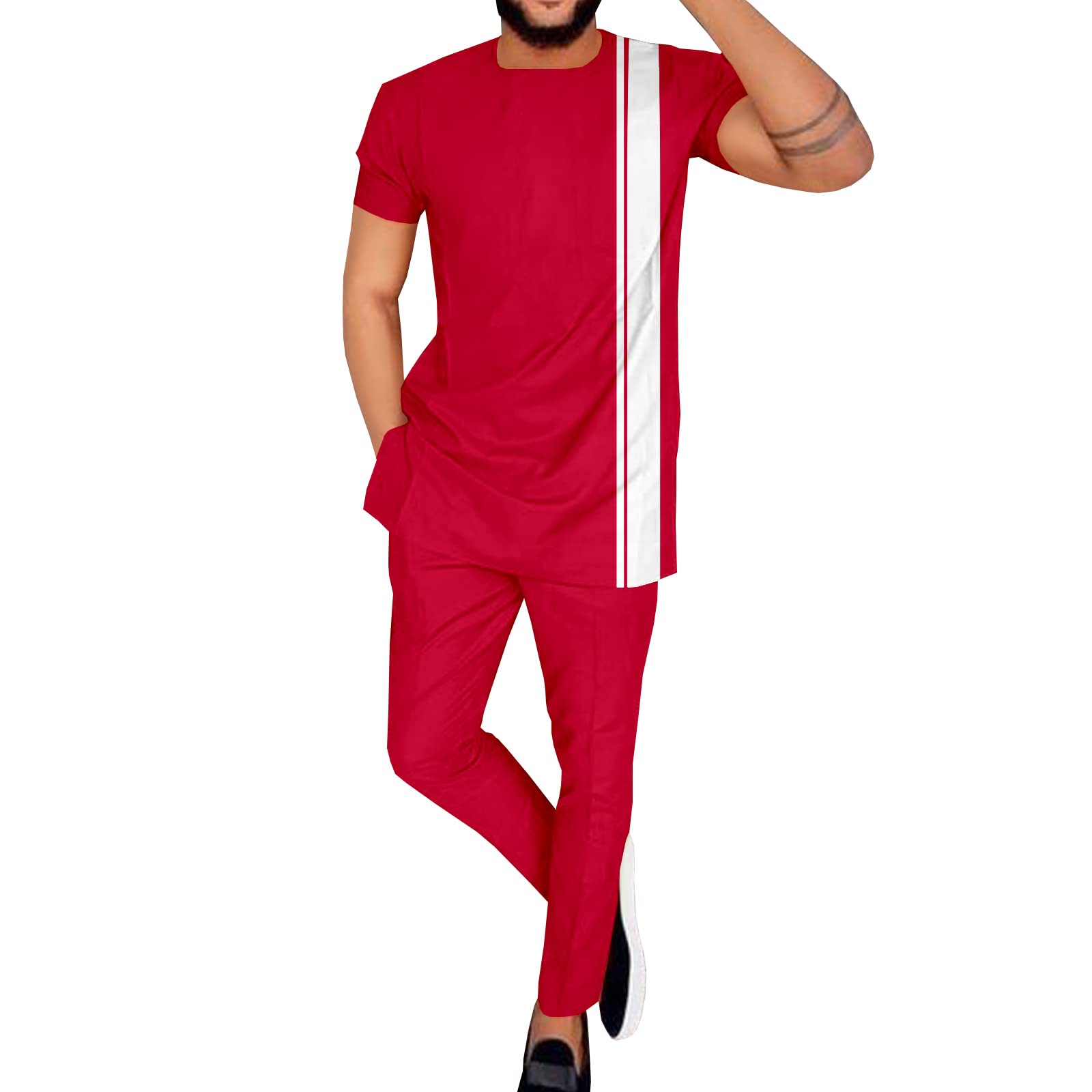 Trajes africanos para hombre, camisas y pantalones, conjunto de 2 piezas, atuendo Ankara de talla grande, traje casual, Rojo -, Small