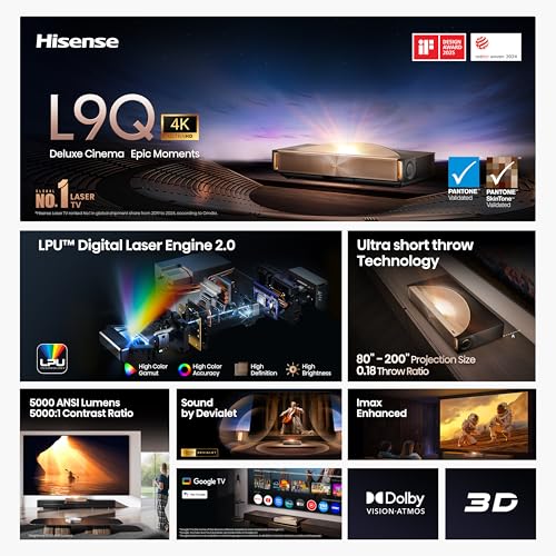 Image of Hisense L9Q Ultra Short Throw Triple Laser Projector, 4K UHD, 5,000 Lumens, 5000:1 Contrast, 80 inch - 200 inch, Dolby Vision & Atmos, IMAX Enhanced, Google TV, Pantone Validated, Tuned by Devialet