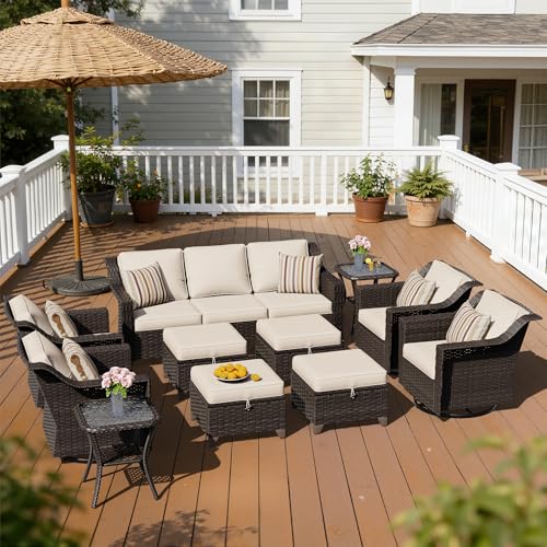 Image of 11 Piece Patio Furniture Set, Wicker Outdoor Conversation Set | Patio Chair Set with Olefin Removable Cushion, All-Weather Outdoor Couch with Deep Seat for Porch, Deck and Backyard, Beige