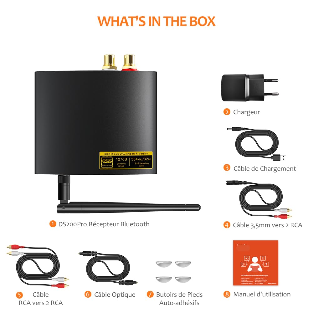 1Mii DS200Pro HiFi Récepteur Bluetooth 5.3 avec DAC Audiophile, LDAC Adaptateur Audio sans Fil pour Chaîne Stéréo, aptX HD/LL, Longue Portée, Diffusion de Musique vers Haut-parleurs, RCA Optique