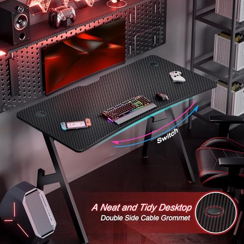 Image of HLDIRECT 47 Inch Gaming Desk, Large Computer Gaming Desk Table with Cable Management, Ergonomic Carbon Fiber Gamer Table Pc Work Home Office Desks with Cup Holder & Headphone Hook & Mouse Pad, Black