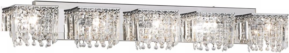 Possini Euro Design Hanging Crystal Modern Wall Light Chrome Silver Metal Hardwired 42 1/2" Wide 5-Light Fixture Mounted Strand and Prisms for Bathroom Vanity Mirror House Home Hallway Room Decor