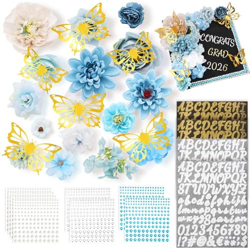 JarThenaAMCS 2026 Graduation Cap Decorations Kits Faux Assorted Flowers 3D Butterfly Stickers Rhinestones Alphabet Letter Number Decals for Grad Cap Congrats Grad Party Supplies(Blue Flower)