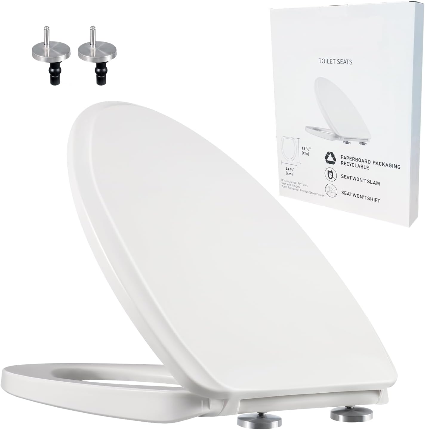 YNR Toilet Seat with Slow Close Hinges, Standard Elongated Toilet Seat with Non-slip Seat Bumpers, Easy to Install & Clean, Heavy Duty PP Material, Fits All Toilet Brands (Y7)