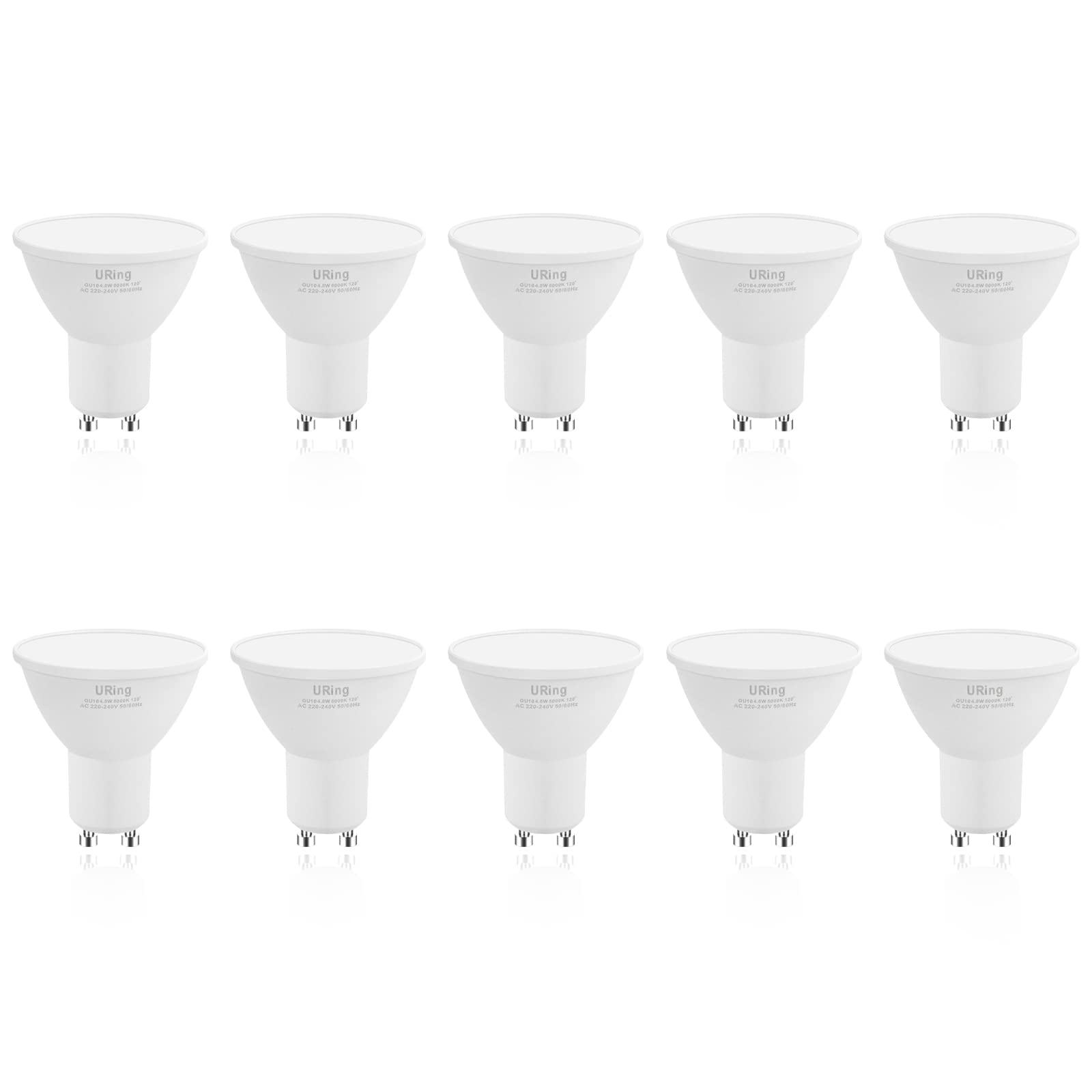 URing GU10 LED Bulb, 4.8W Equivalent 50W, 6000K Cool White, GU10 LED Spot Light Bulbs 500LM, Non-Dimmable, AC230V, 120° Wide Beam, Halogen Replacement for Lighting, Pack of 10