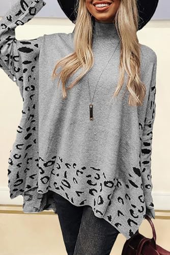 Women's Gray Leopard High Neck Oversized Side Slit Sweater2