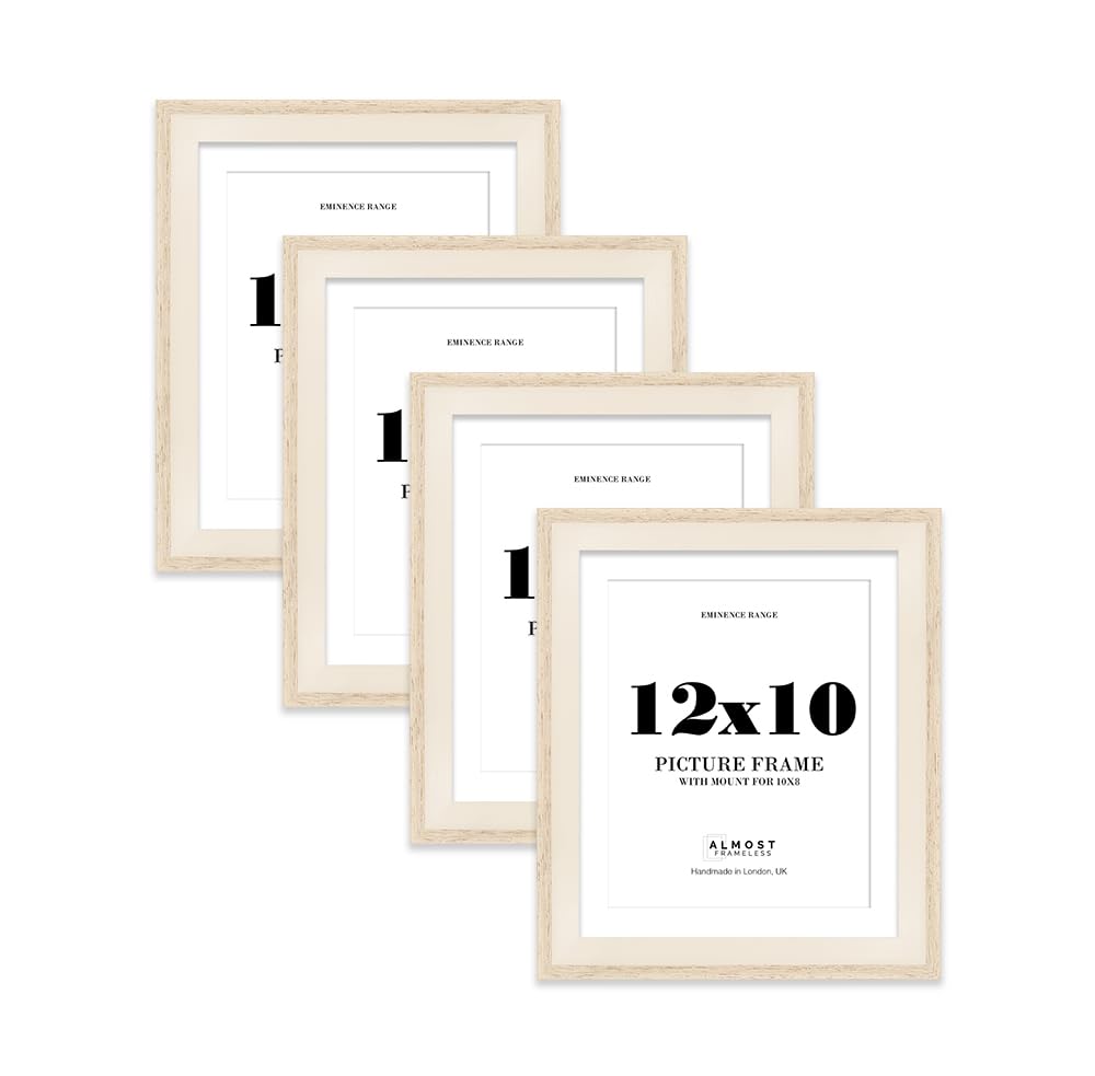 12x10" Oak Picture Frame with 10x8" Mount - Shabby Chic Photo Frame with Distressed Finish, Wall Hooks and Kickstand, 32mm Edge - 4 Pack