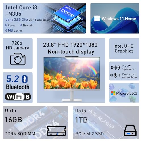 Image of Lenovo A100 24 inch IPS FHD All in One Desktop Computer, Intel 8-core CPU, 8GB RAM, 512GB SSD Storage, Wireless Keyboard & Mouse Included, Support Dual-Display, HDMI, Windows 11, Cloud Grey