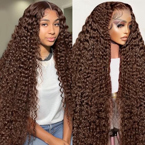 MXTQO 30 Inch Chocolate Brown Deep Wave Lace Front Wigs