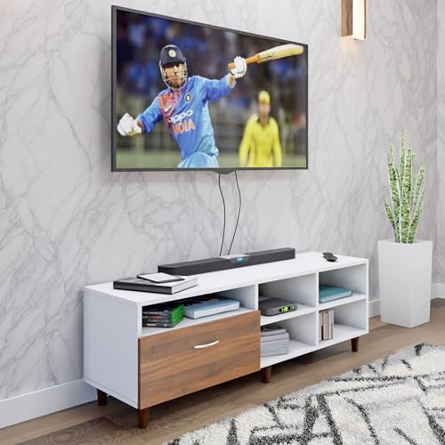Image of VIKI Modern TV Unit for Living Room | Engineered Wood TV Cabinet with 1 Drawer Storage & 3 Open Shelves, S Entertainment Unit, 140W x 48H x 40D cm | DIY | 1 Year Warranty (White & Walnut)