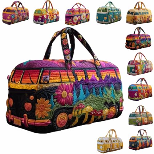 Hippie Van Quilted Duffle Bag Boho Travel Weekender Bag with Strap Retro Style for Everyday Travel