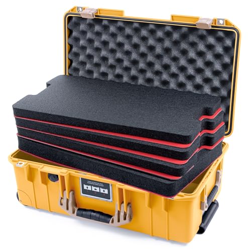 Pelican Air 1535 Carry-on Case by ColorCase - Yellow - Medium Size Waterproof Case with Shadow Tool Foam Kit & Convoluted Lid Foam - Desert Tan Handles & Latches
