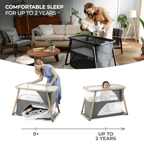 Kinderkraft Kinderreisebett 4 in 1 SOFI, Babybetten, Kinderbett, Baby Zustellbett, Reisebett mit Zubehör, mit Laufgitterfunktion, Modernes Design, Kleine Abmessungen nach Zusammenklappen, Grau