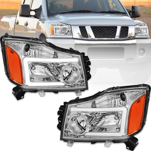 KUIPERAUTO Pair Clear Headlights Assembly Compatible for 2004-2015 Nissan Titan Halogen with LED DRL/Dynamic Amber Signal/Chrome Housing/Amber Reflector Front Lamps Driver and Passenger Side