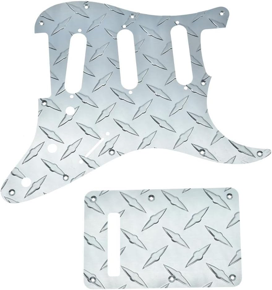 Dopro 11-Hole Diamond Plate Modern Style Strat SSS Guitar Pickguard Metal Scratch Plate with Back Plate Tremolo Cover Fits American/Mexican Stratocaster Silver